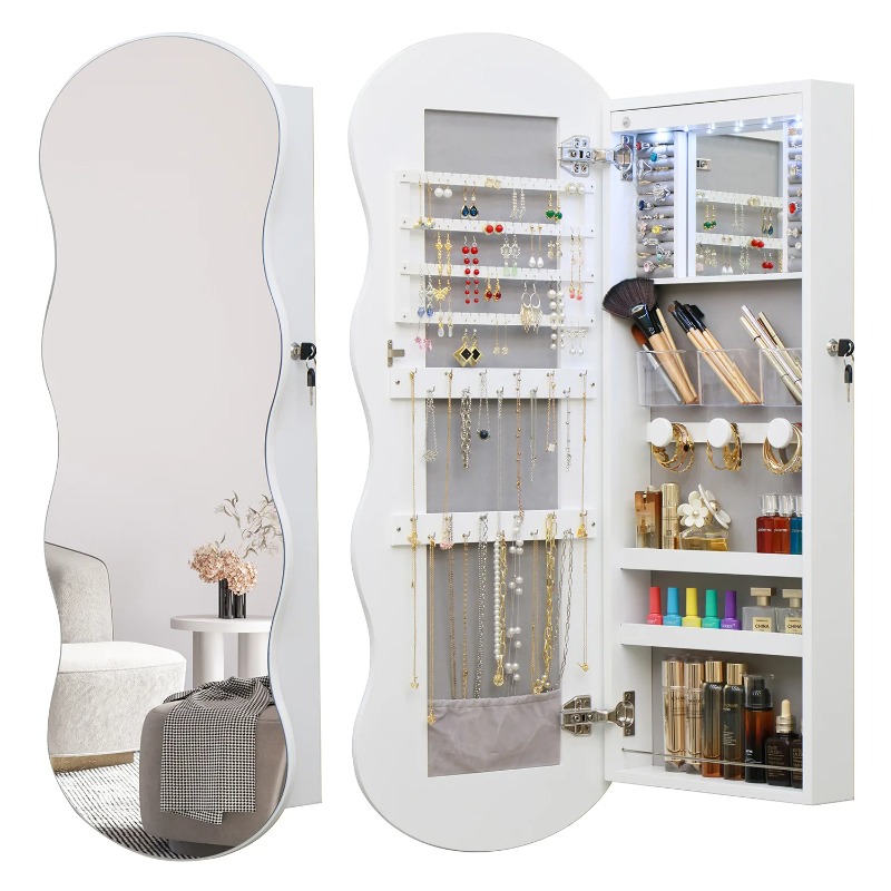 Body Jewelry Storage - Europäischer, schlichter, hölzerner Ganzkörper-Standspiegel mit Schmuckaufbewahrung,