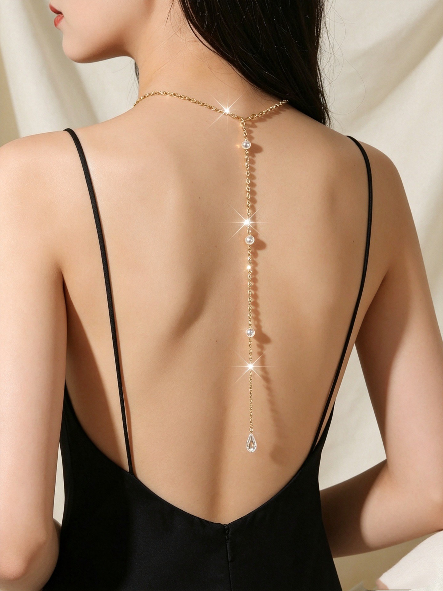 Body Jewelry High End - Neues Produkt: Strass-Quasten-Rückenkette, elegantes Design, Perlenanhänger,