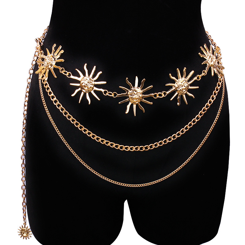 Body Jewelry Helix - Klobige mehrschichtige Punk-Gothic-Mond-Sonnen-Taillenkette, Metall-Taillengürtel für Frauen,