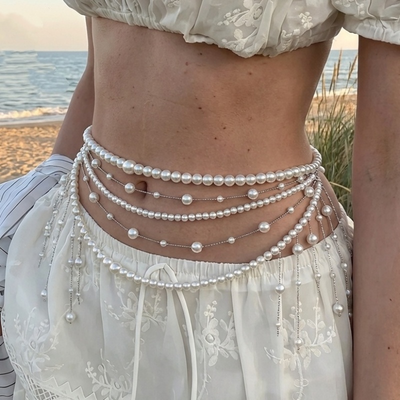Body Jewelry High End - Luxuriöse Mehrschichtige Perlen-Quasten-Taillenkette für Damen Eleganter