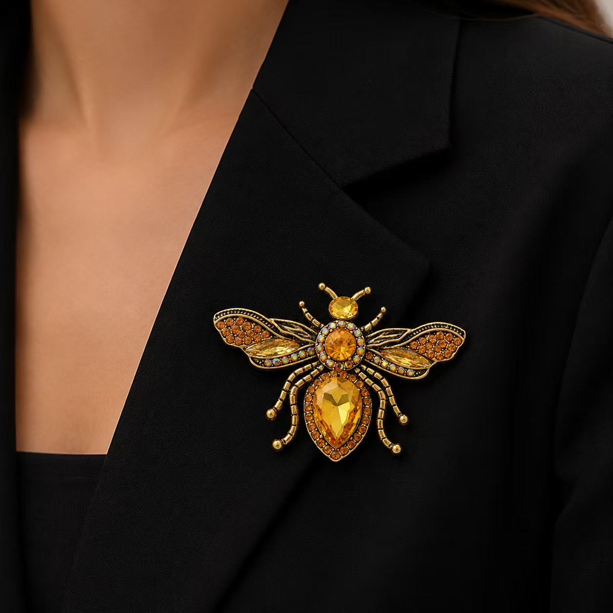 Body Jewelry Websites - Retro-Bienenbrosche aus Gold, gelbe Strass-Insektenbrosche, Anzugkragenbrosche